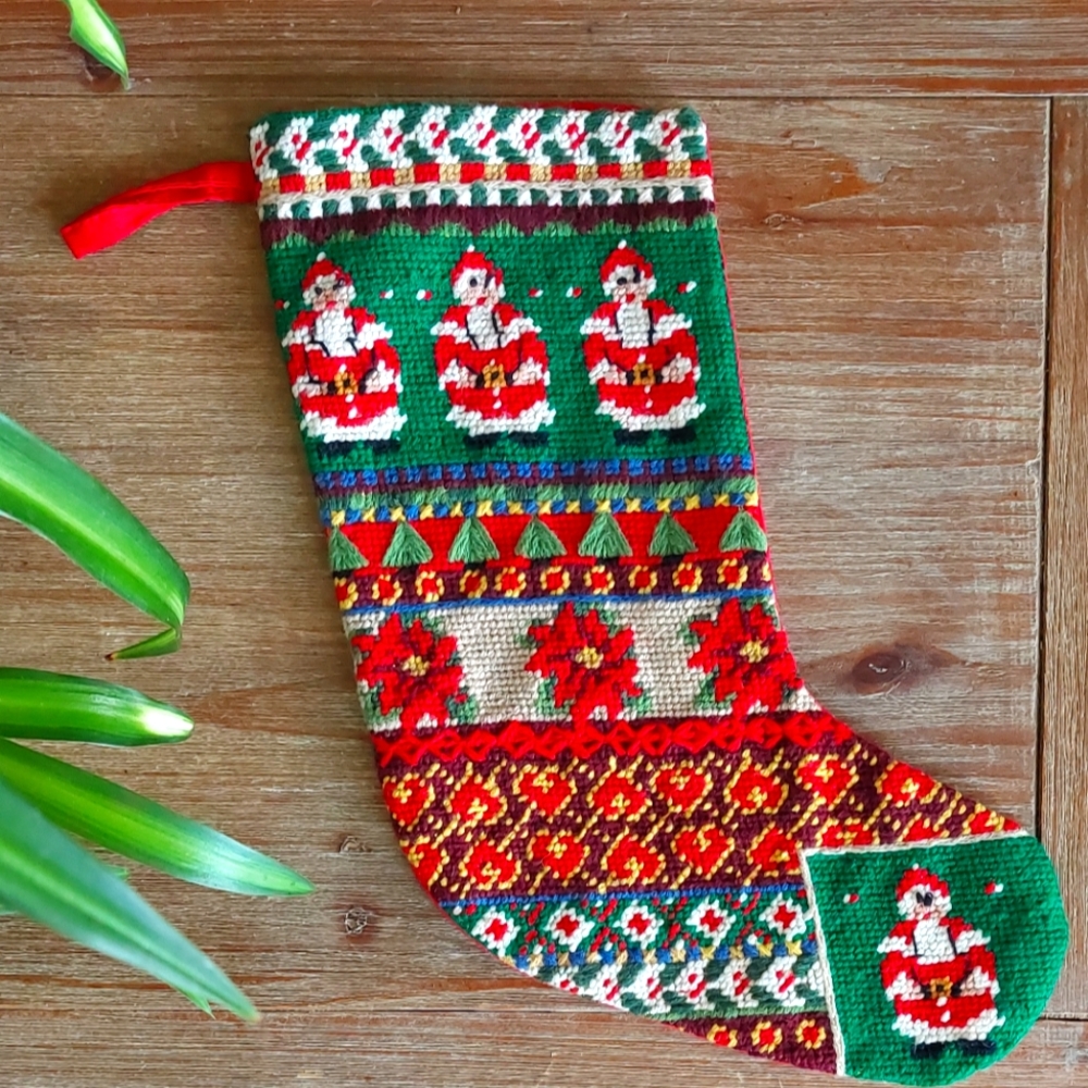 Vintage Needlepoint Hand-made Christmas Stocking